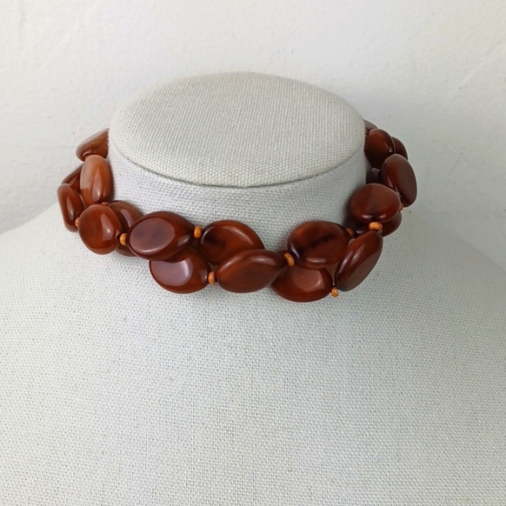 Vintage Style Burnt Carmel DBL Layer Glass Bead Choker Necklace - Picture 11 of 14